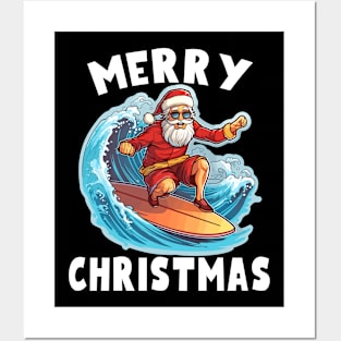 Funny Surfing Santa Claus Merry Christmas Surfboarder Surf Lover Posters and Art